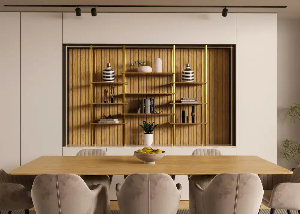 Estantería de salón fabricada a medida en madera clara